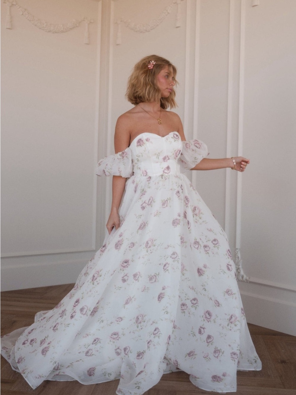 JessaKae White Strapless Ball Gown with Blush Floral Print